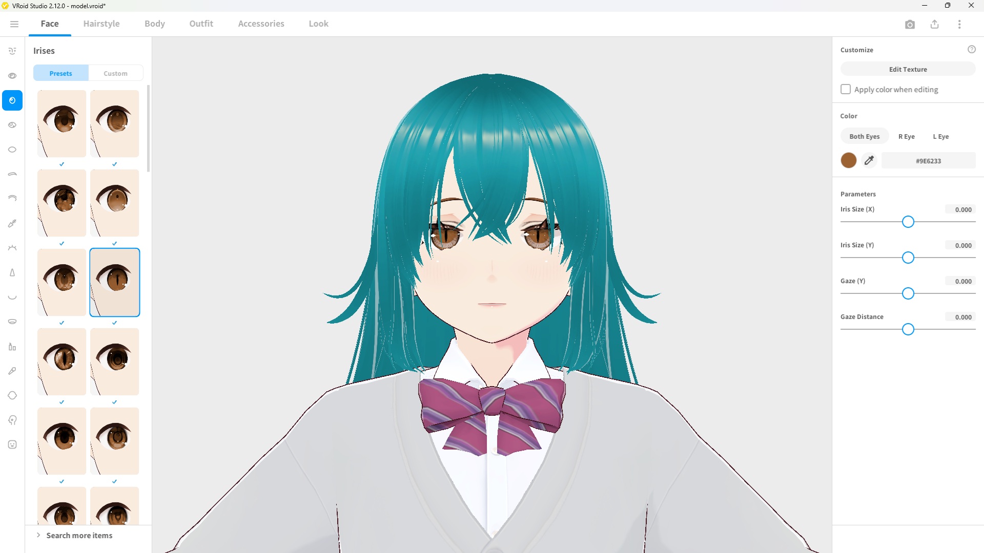 VRoid Studio iris editor showing presets panel and customization sliders
