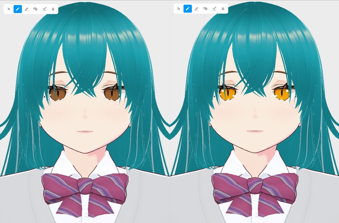 VRoid Studio avatar comparison showing brown eyes on the left and gold eyes on the right