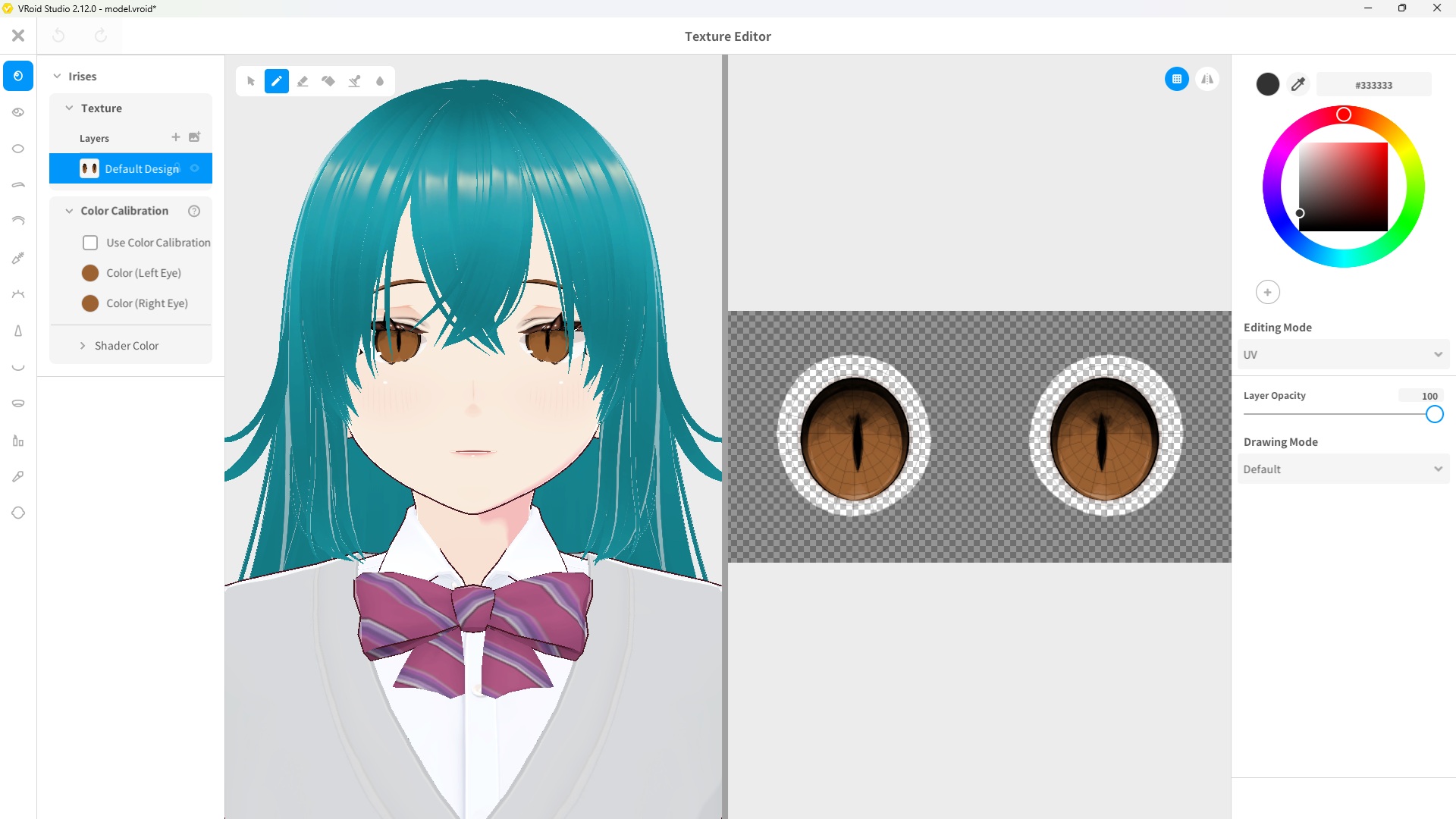 VRoid Studio texture editor showing iris UV map with cat-eye slit design