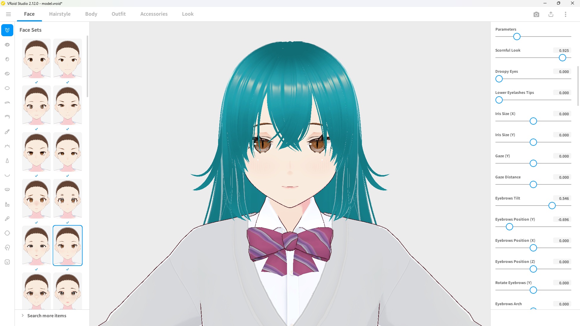 VRoid Studio avatar showing face shape changes after adjusting sliders