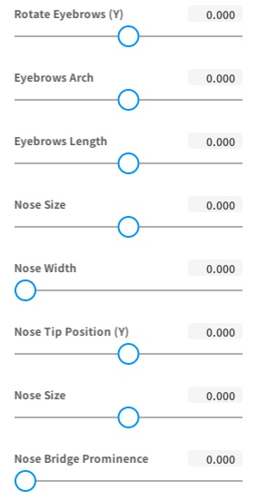 VRoid Studio face slider panel showing options for eyes, nose, mouth and face outline