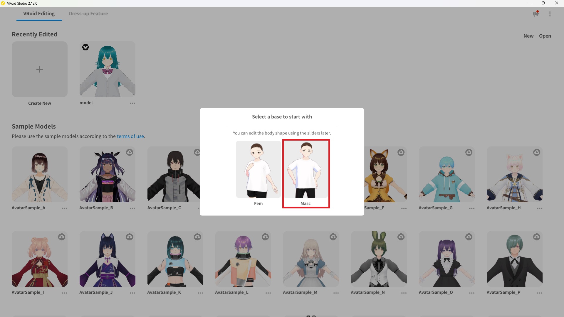 VRoid Studio new project screen showing male base model selection