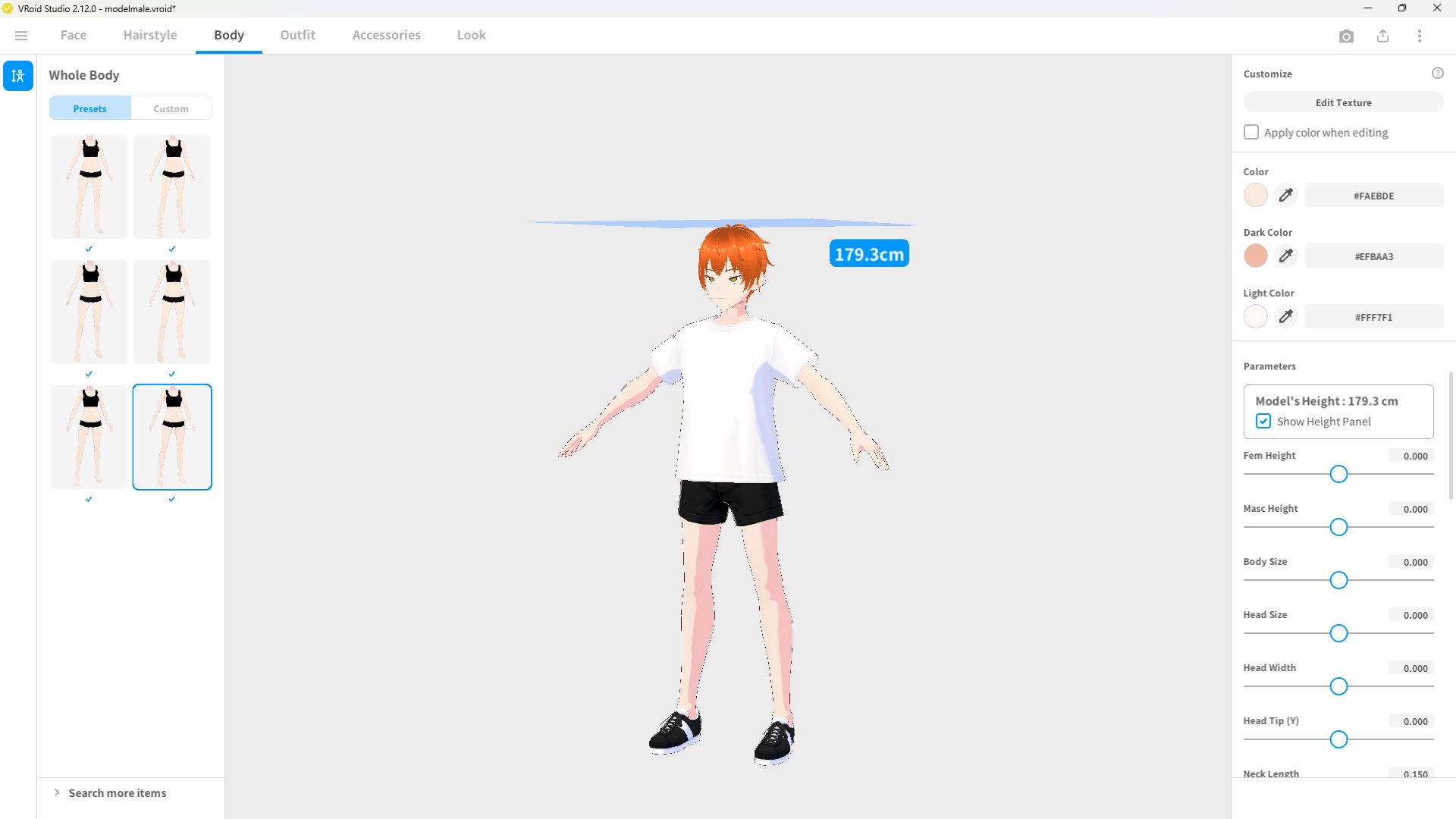 VRoid Studio body tab showing sliders for shoulder width, chest, waist and hip adjustments