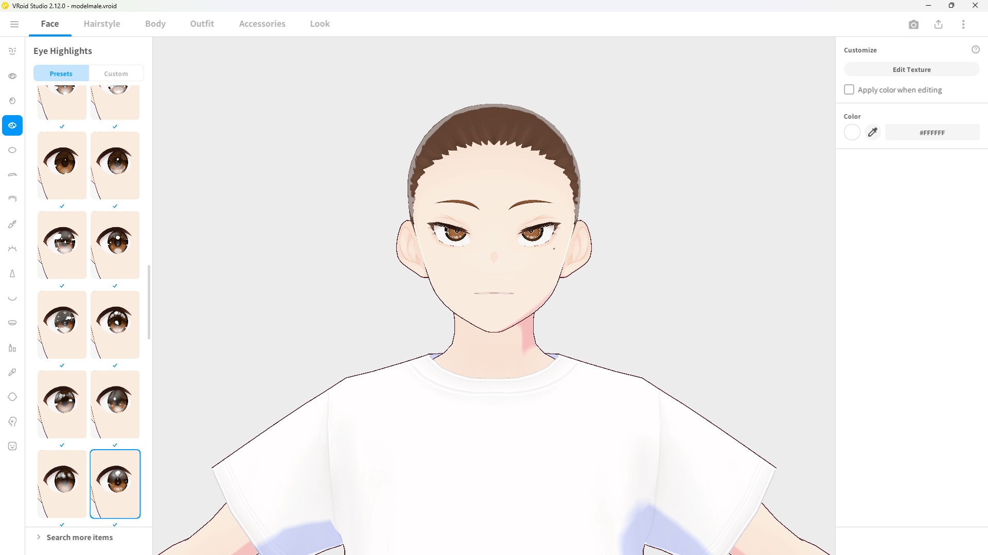 VRoid Studio face editor showing slider adjustments for a male avatar