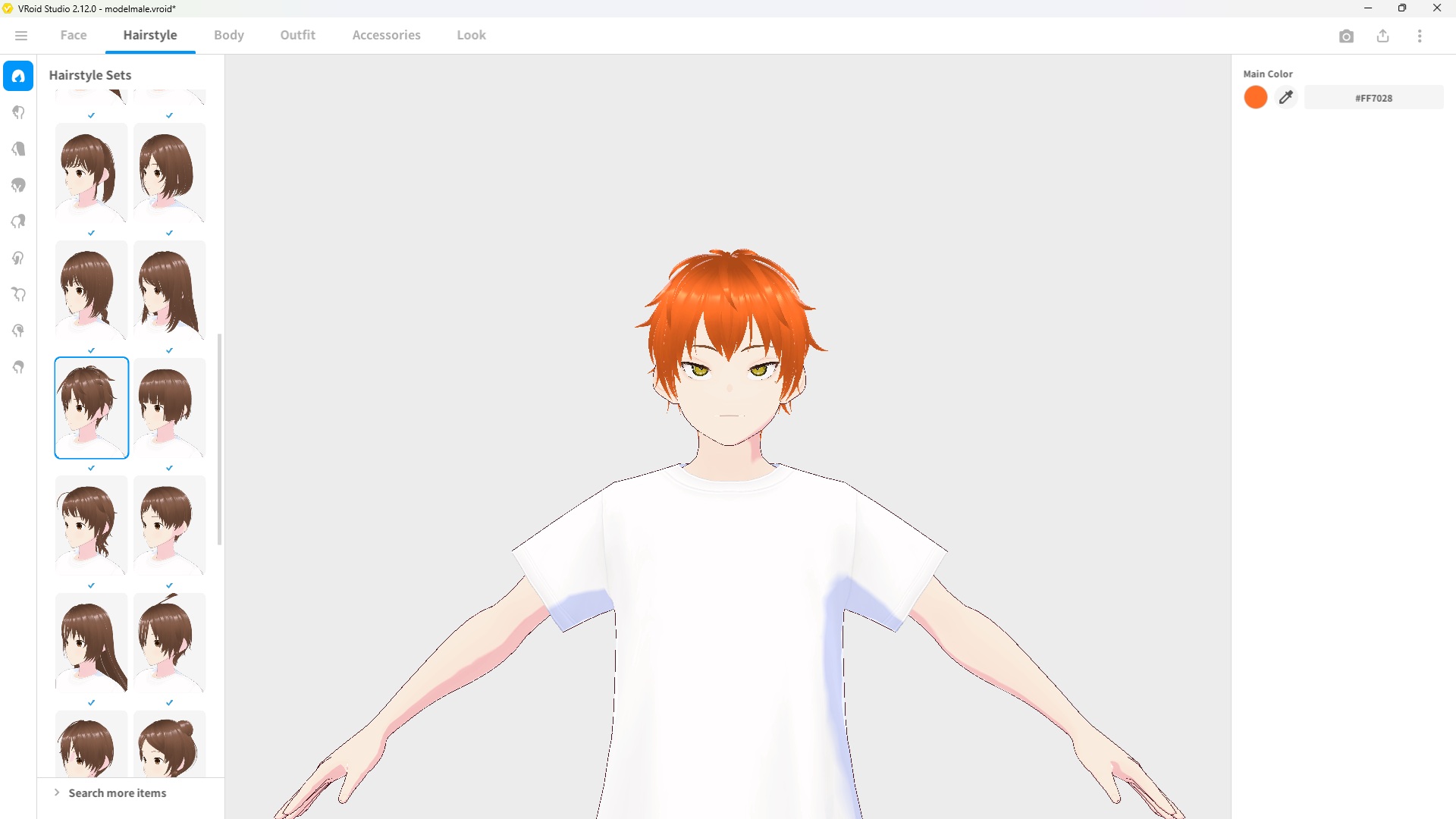 VRoid Studio hairstyle tab showing male-appropriate hair preset selection