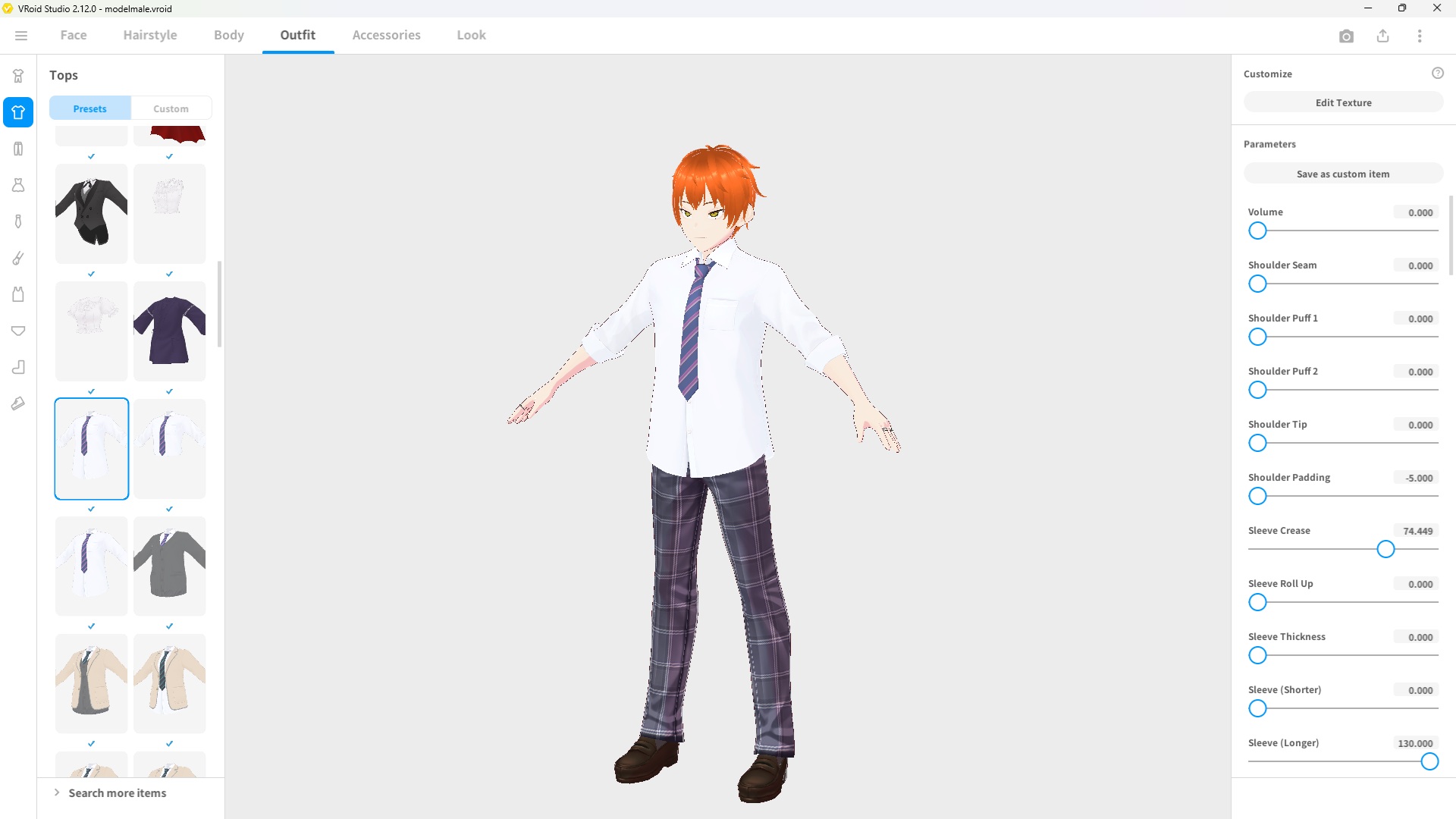 VRoid Studio outfit tab showing clothing options for male avatar