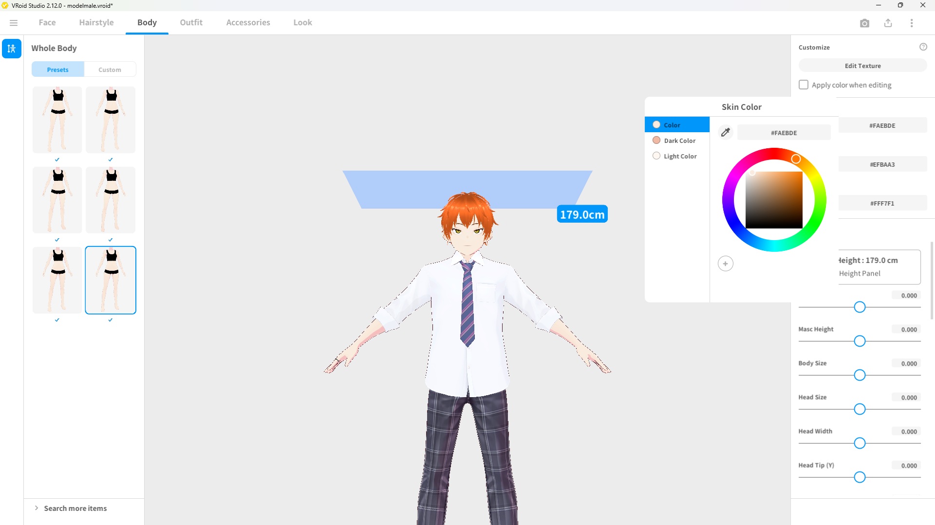 VRoid Studio skin color settings panel showing color picker and tone sliders