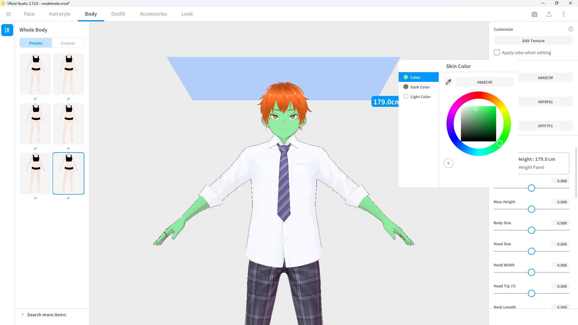 VRoid Studio avatar comparison showing default skin color on the left and green fantasy skin on the right