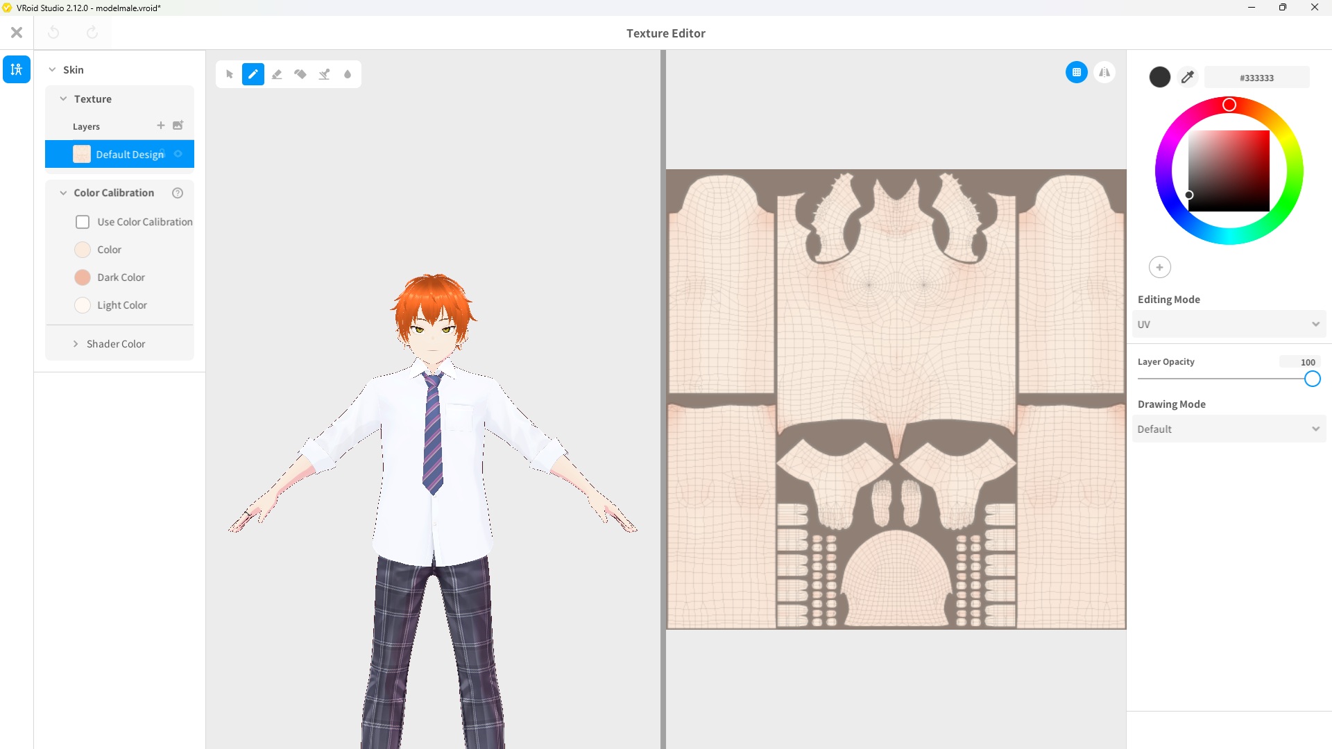 VRoid Studio texture editor open for skin showing UV map and layer settings
