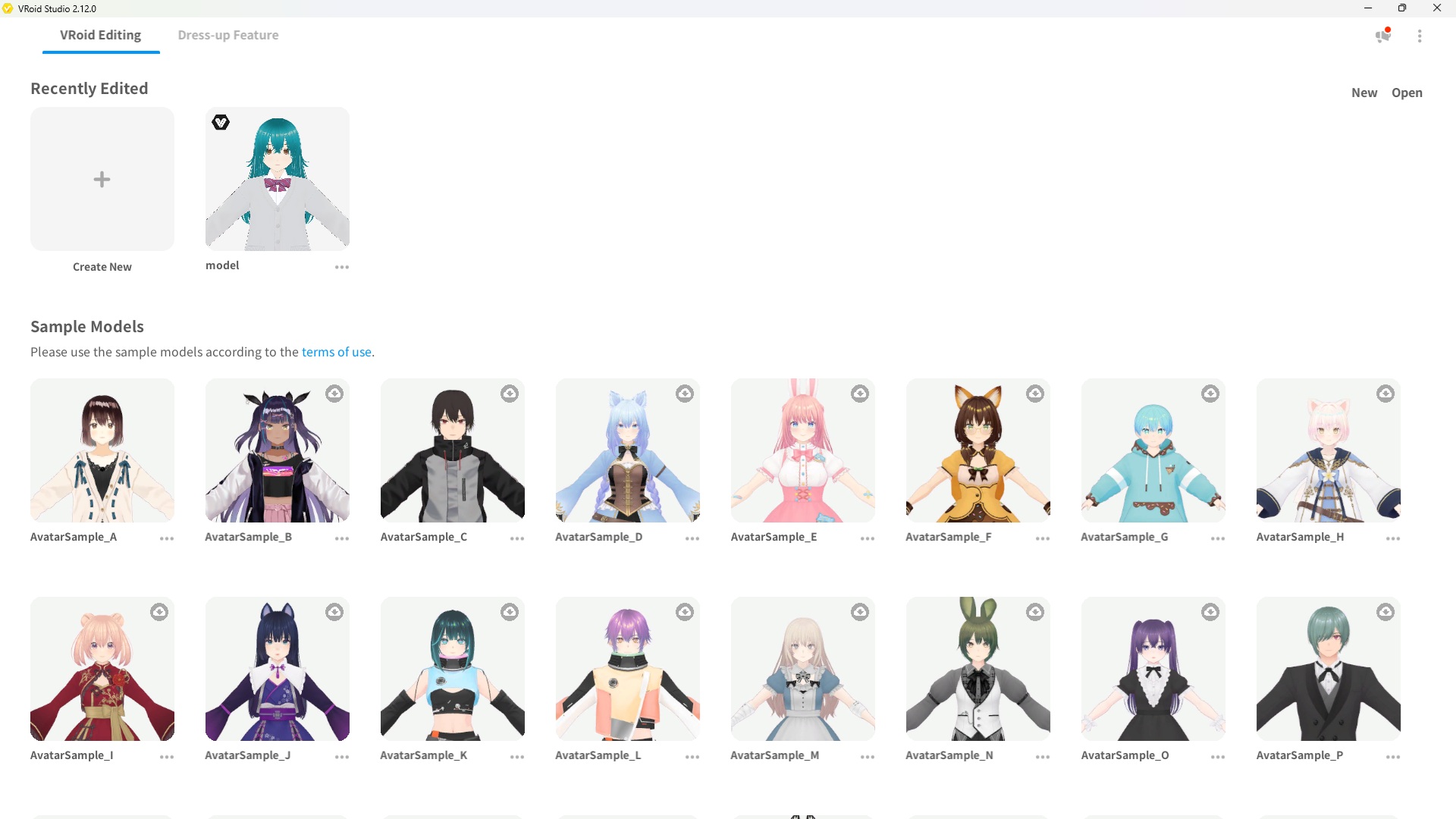 VRoid Studio home screen showing recently saved model under Recent